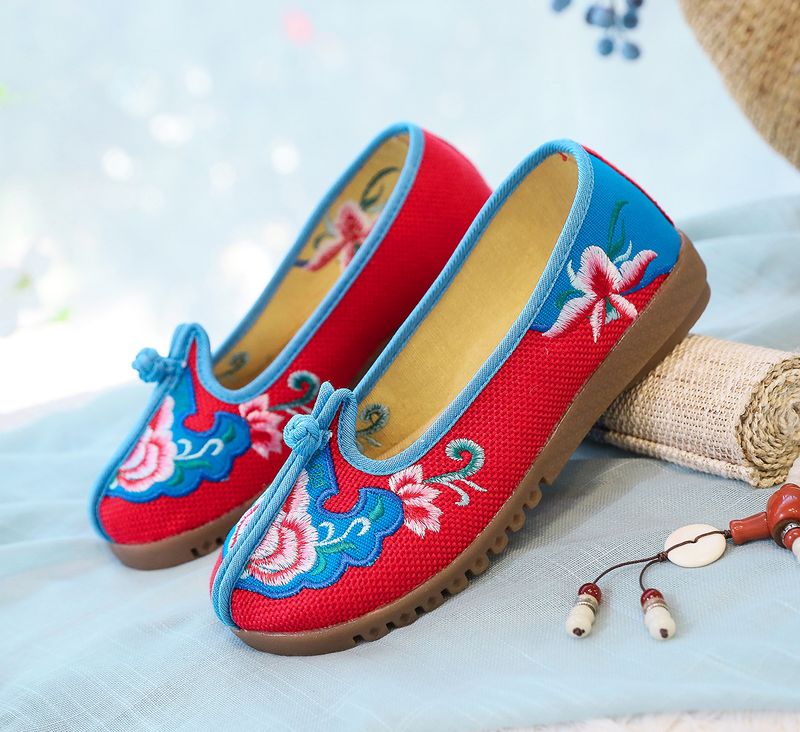 Flache Kuhsehnen-Weichsohlen, bestickte Stoff-Mama-Schuhe, dicke Füße, Damen-Einzelschuhe_voghion.com