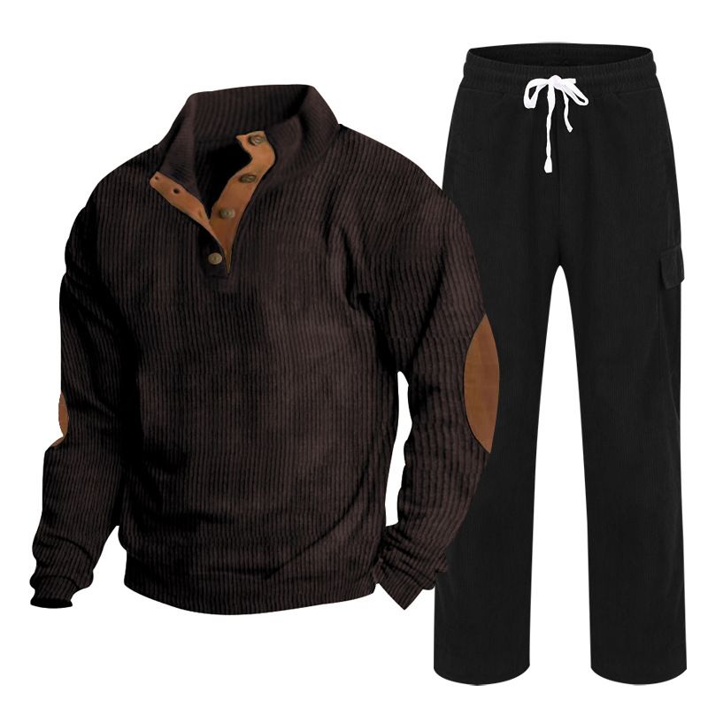 Neue Herbst- und Wintersportbekleidung für Herren, zweiteiliger Cord-Knopf Henry und gerade Hose, Freizeitanzug_voghion.com