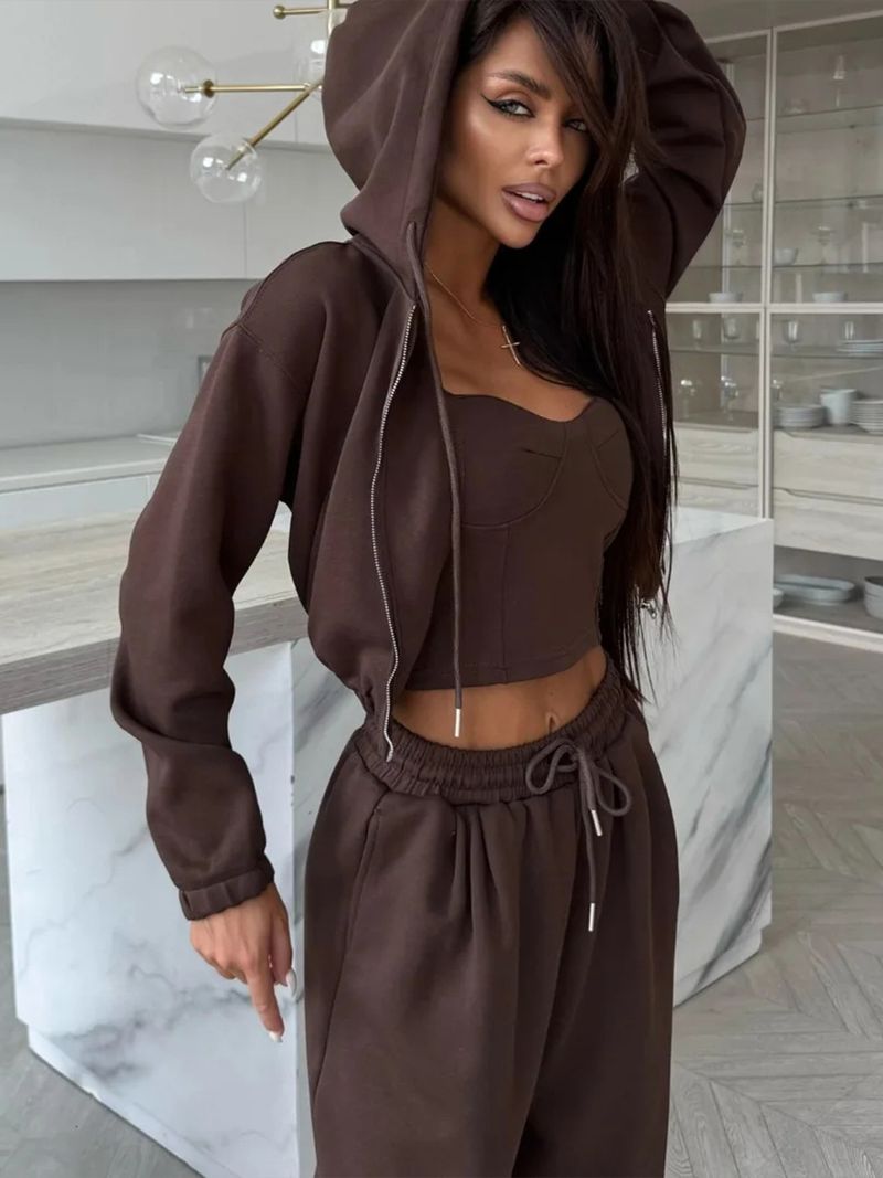 Completo casual da donna con felpa con cappuccio e pantaloni a gamba larga - Felpa con zip a maniche lunghe e pantaloni da salotto con coulisse, comodo completo in due pezzi (S/M/L/XL)_voghion.com