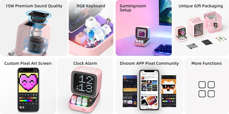 Ditto Bluetooth Speaker Retro Pixel Art Game Portable With 16X16 App Controlled Front Screen Pink DIY LED Display Board_voghion.com