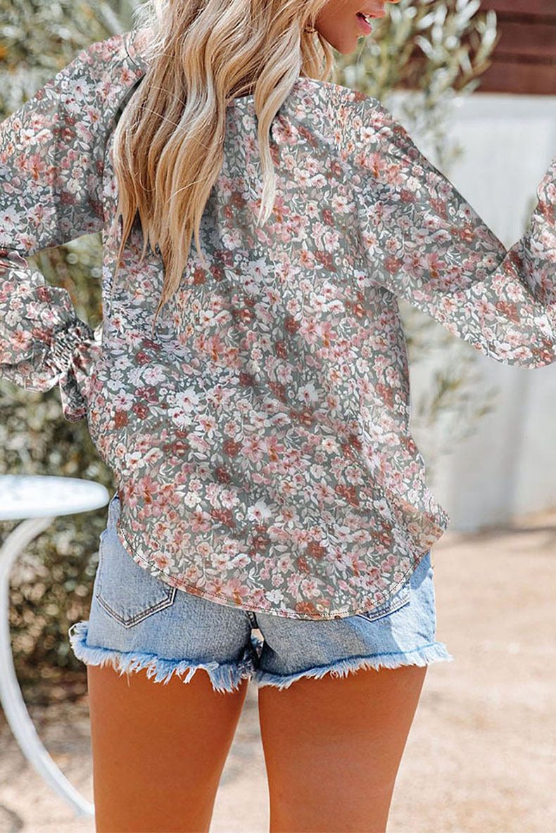 Women's Clothing Loose V-neck Pullover Casual Top Long Sleeved Floral Lotus Leaf Sleeved Chiffon Shirt_voghion.com