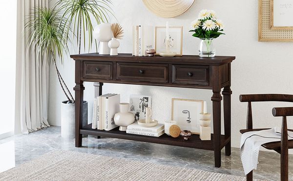 TREXM Classic Retro Style Console Table With Three Top Drawers And Open Style Bottom Shelf, Easy Assembly (Espresso)_voghion.com