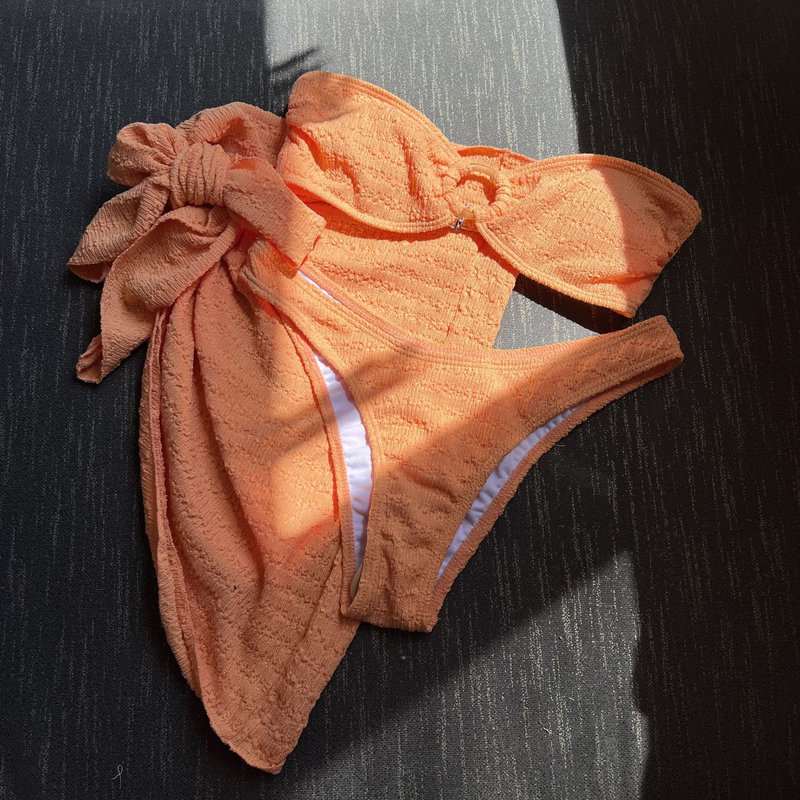 Dameskleding Nieuwe getextureerde stoffen bandeau driedelige badpak_voghion.com
