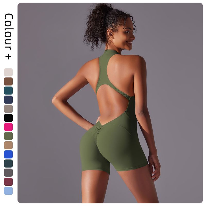 European And American Cross-Border High-Intensity Sports Back Yoga Shorts Jumpsuit Zipper Naked Feel Tight-Fitting_voghion.com