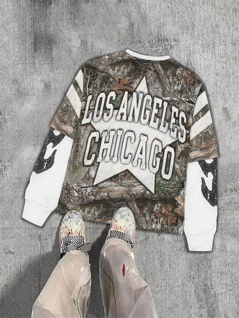 Felpa unisex streetwear con stampa retrò - Look a strati di ispirazione vintage con grafica 3D - Top casual dalla vestibilità ampia_voghion.com