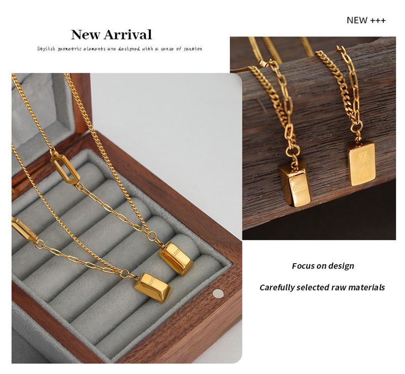 Collana con ciondolo geometrico in acciaio al titanio leggero placcato oro, design di nicchia di alta qualità, semplice e versatile._voghion.com