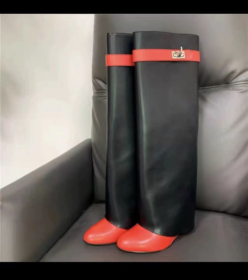 2024 New Round Toe Wide Shaft Straight Shark Buckle Mid-Calf Wedge Heel Boots For Women_voghion.com