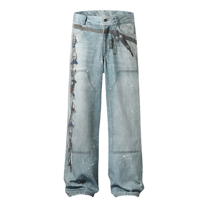 Herenkleding 3D Digitaal Bedrukte Denim Broek Heren Hip Hop Street Trend Gewassen Oude Inkt Spatten Losse Wijde Pijpen Rechte Broek_voghion.com