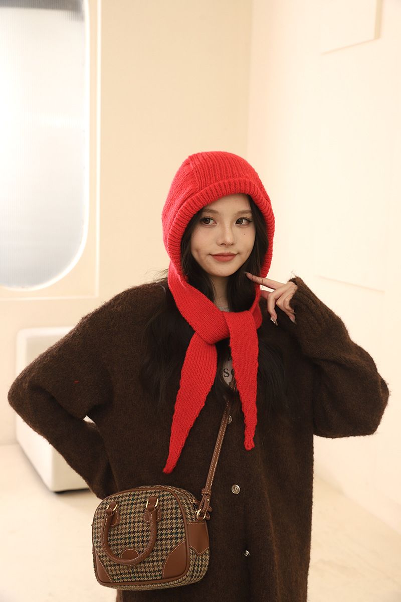 Cappello passamontagna rosso per donna in autunno inverno, caldo e spesso lavorato a maglia, protezione integrata per collo e orecchie, cappello di lana, alla moda_voghion.com