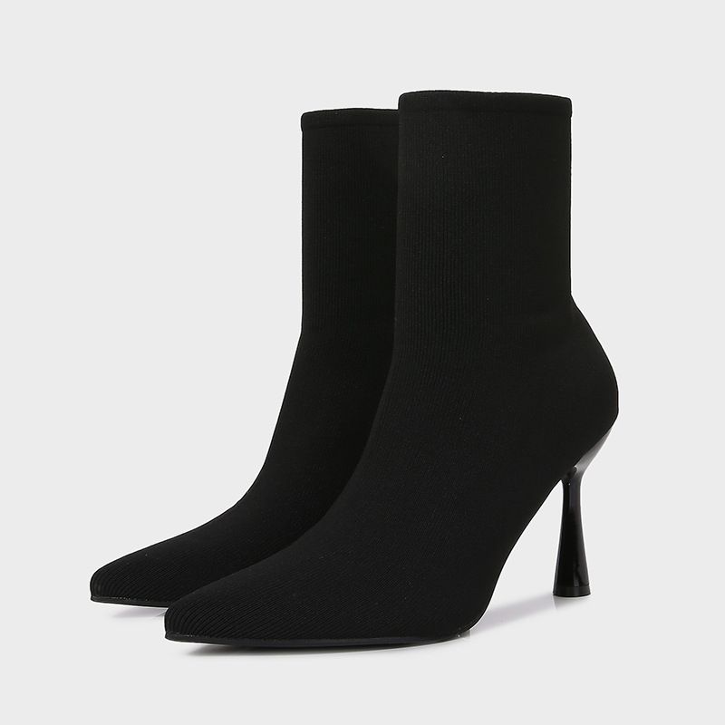 Sock ZA 2024 Autumn New Shoes Black Fabric Stretch Pointed Toe Stiletto Short Women's High Heel Boots_voghion.com