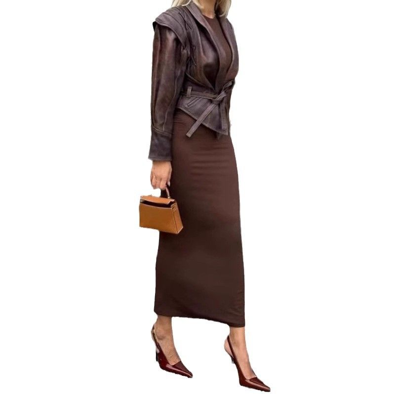 2024 Autumn New Fashionable Elegant Lapel Tie Long Sleeve Jacket Leather Coat Commuter Style_voghion.com