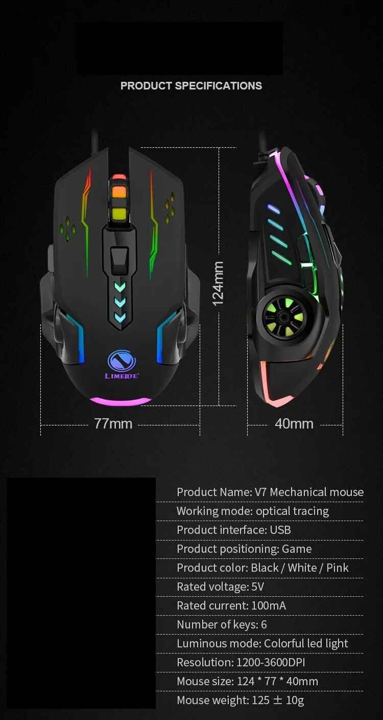 Przewodowa mysz mechaniczna do gier USB Luminous Light Regulowana optyczna mysz dla graczy do gier komputerowych_voghion.com