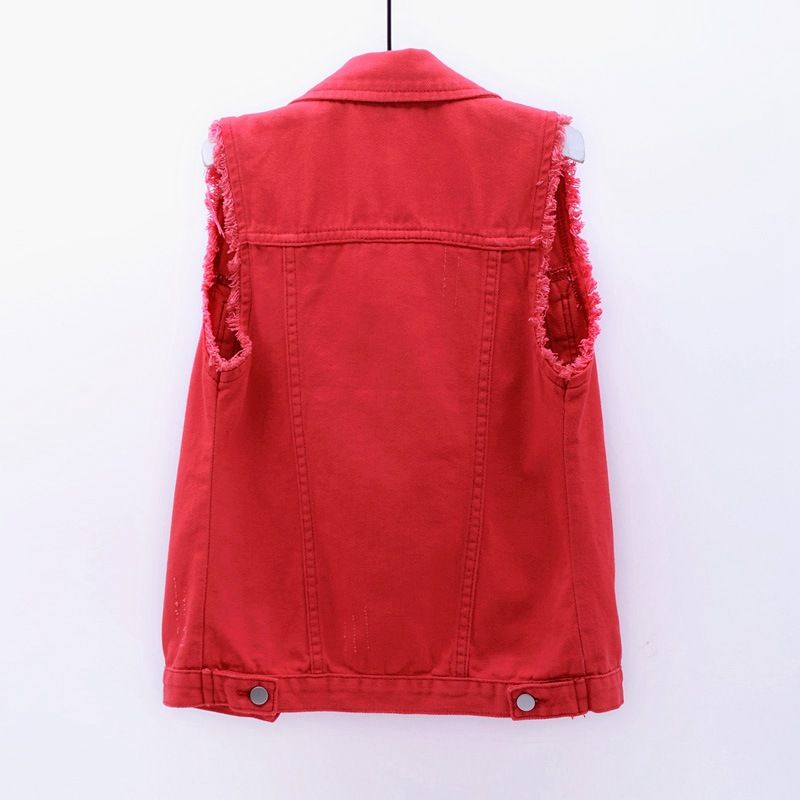 Ropa de mujer Chaleco vaquero multicolor Chaqueta corta ajustada sin mangas para mujer Cárdigan superior roto_voghion.com