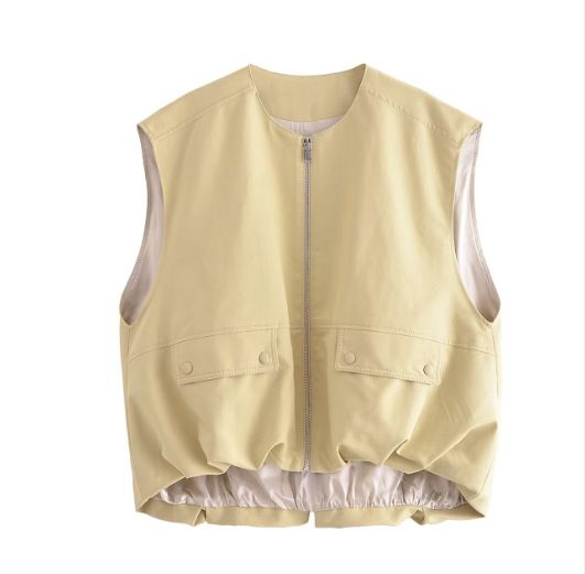 Gilet streetwear tendance à ourlet volanté - Polyester tissé léger, col rond, fermeture éclair sur le devant - Jaune, noir, gris clair, vert kaki (S/M/L/XL)_voghion.com