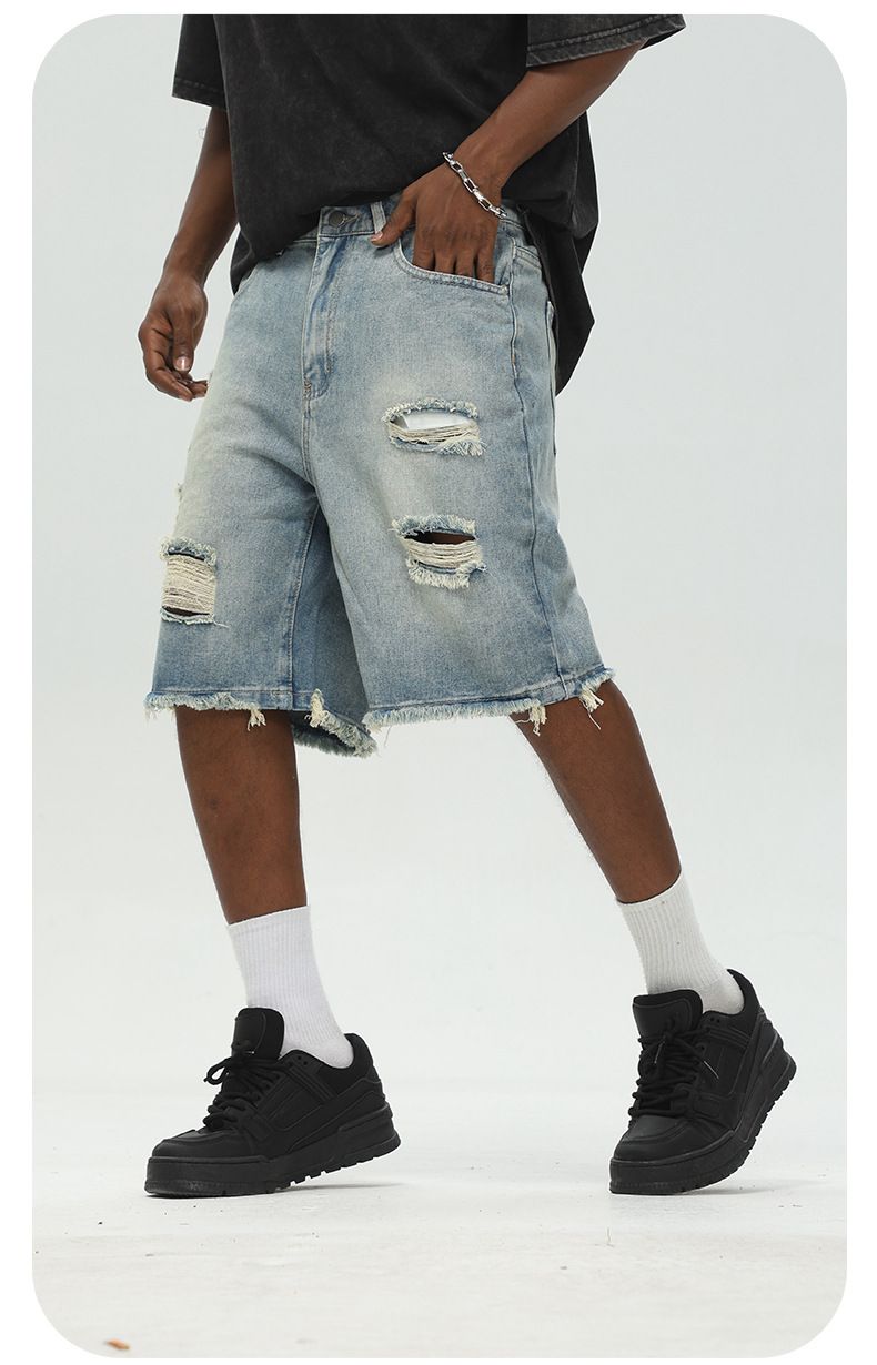 Îmbrăcăminte pentru bărbați Pantaloni scurți din denim rupti de culoare deschisă Pantaloni casual din denim în cinci puncte, spălat, în stil nou, de vară_voghion.com