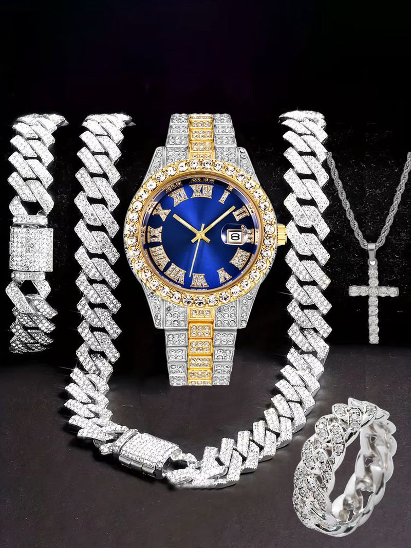 Orologio Hip Hop tempestato di diamanti, composto da cinque pezzi, con collana a croce a forma di diamante e anello cubano._voghion.com