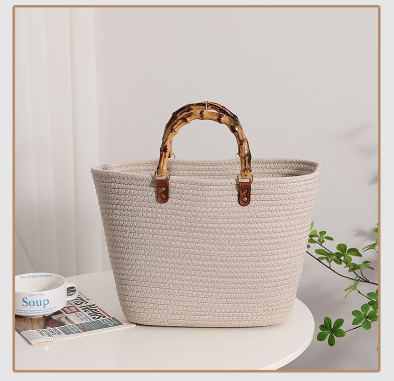 Versatile large capacity cotton woven bag new style hand-held French retro straw bag seaside holiday beach bag women's bag_voghion.com