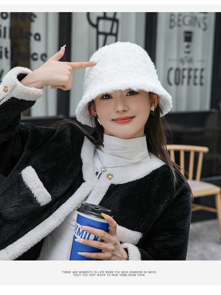 Autumn and Winter New Women's Solid Color Warm Fury Pot Hat with Large Headband, High Quality and Simple Bucket Hat Tide_voghion.com