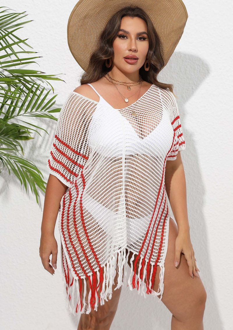 Chemisier de vacances pour femmes, grande taille, rayé, coutures contrastées, robe de plage, bikini, vêtements d'extérieur_voghion.com
