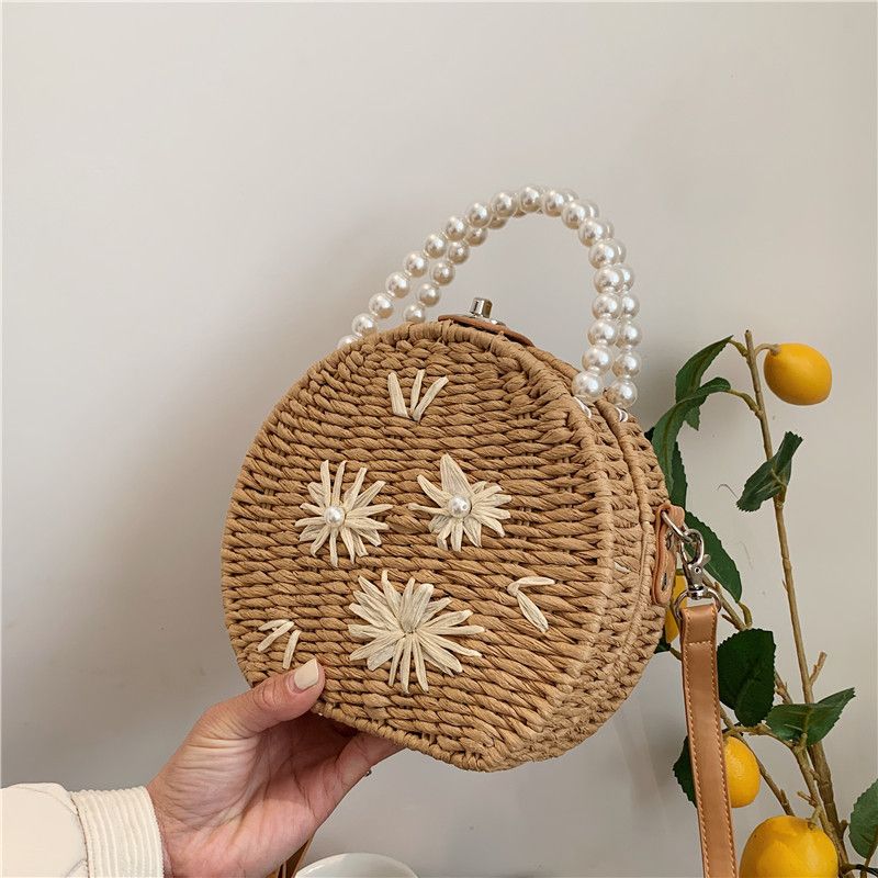 【】Borsa a tracolla rotonda in paglia con perle e fiori, da donna, per le vacanze al mare_voghion.com