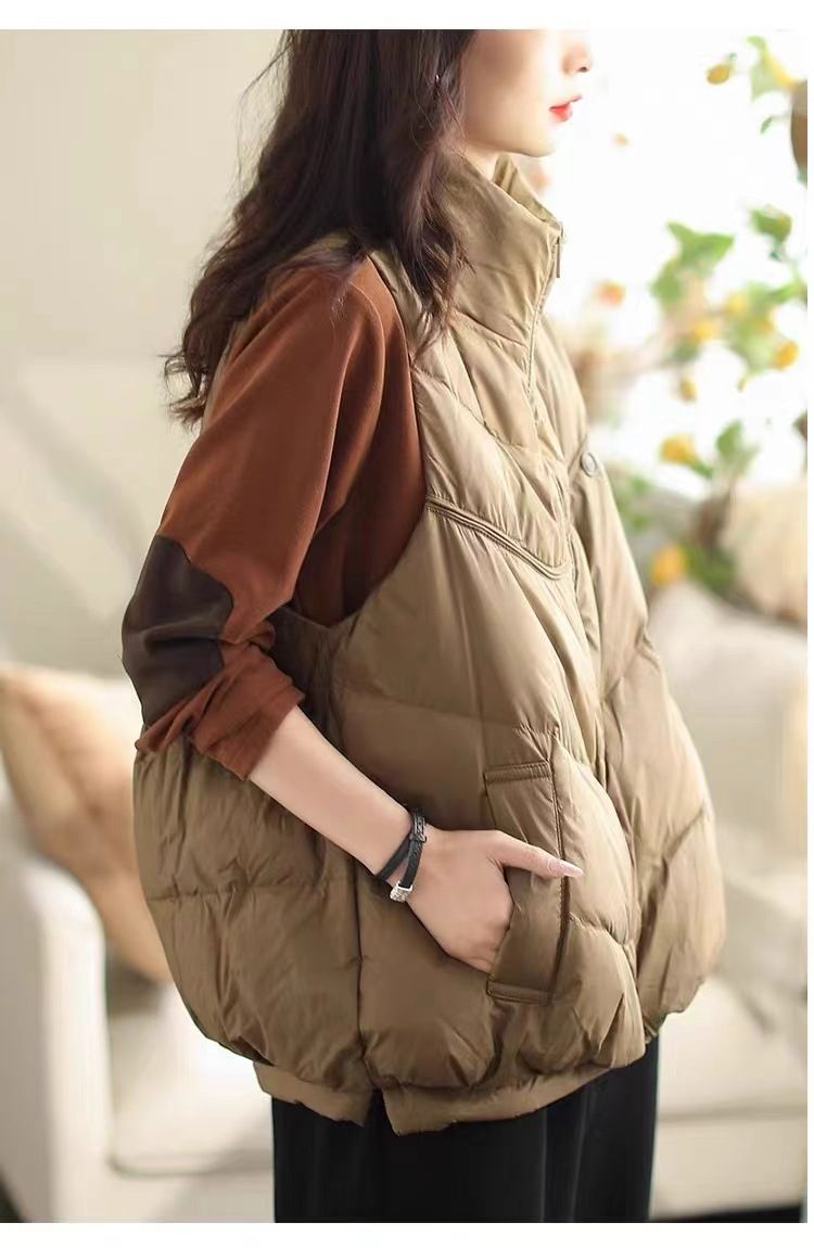 Leichte Daunenweste für Damen mit hoher Wärmeleistung, modischem Stehkragen-Design, Polyester-Außenmaterial, verstaubar für Reisen_voghion.com