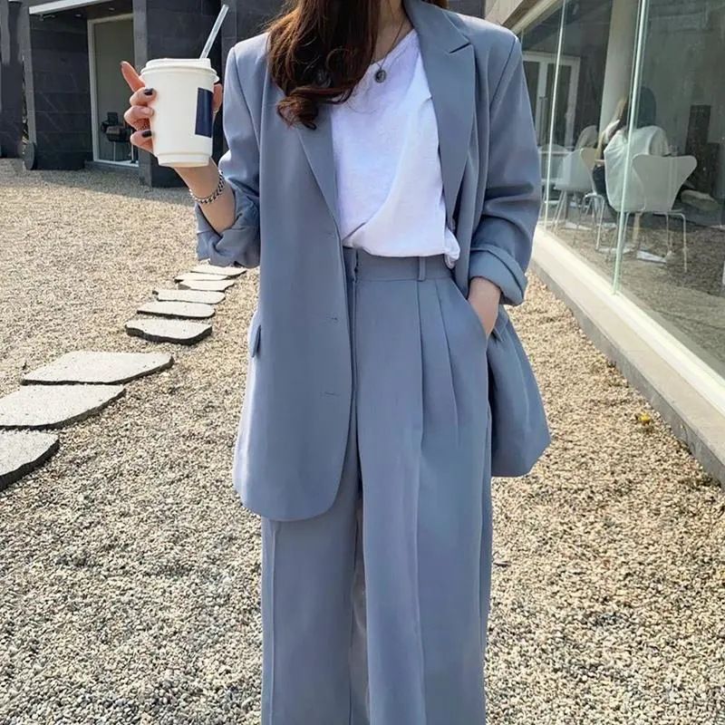 GraceChic 2025 versione coreana primavera e autunno retrò blazer + pantaloni dritti a vita alta lunghi fino al pavimento da donna set due pezzi_voghion.com