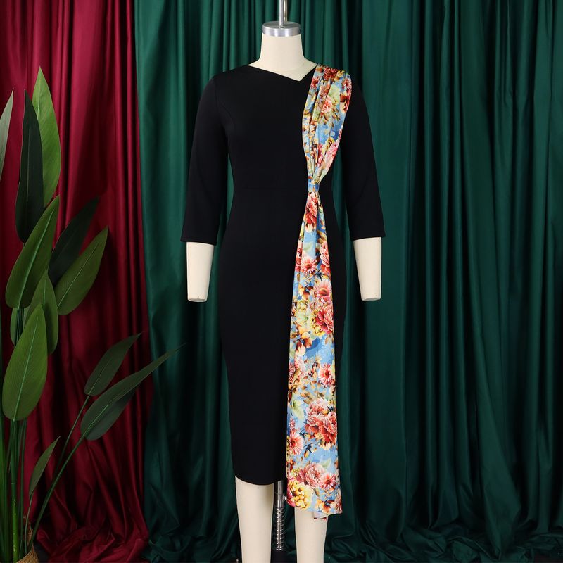 Knopf Krawatte Bedruckt D539 Plus Size Damenmode 2024 Elegantes OL Bleistiftkleid Bodycon Patchwork Atmungsaktives Kleidungskleid_voghion.com