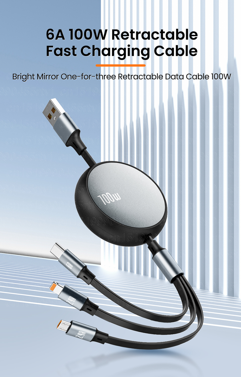100W 6A 3 az 1-ben 2 az 1-ben gyors USB kábel Huawei/Honor készülékekhez, visszahúzható, hordozható 3 az 1-ben Micro USB C típusú töltőkábel F_voghion.com