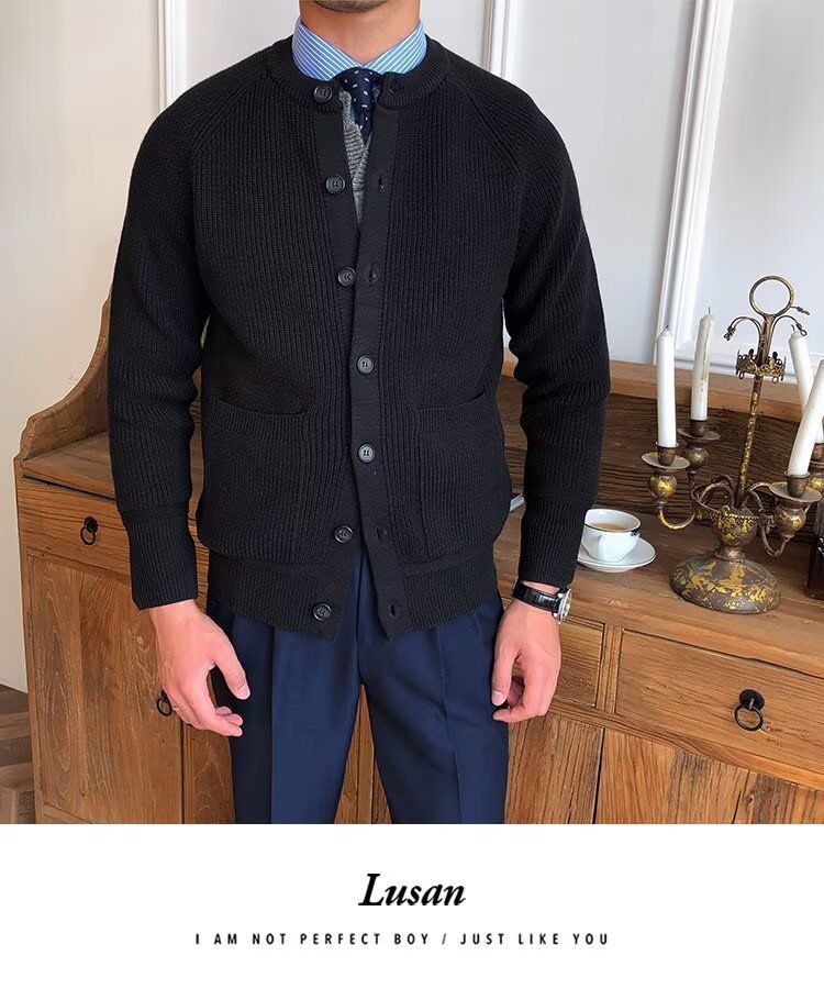 Übergroßer Strick-Cardigan für Herren – Dehnbarer und atmungsaktiver Freizeitpullover mit offener Vorderseite (Schwarz/Grau/Karamell) – Übergröße_voghion.com