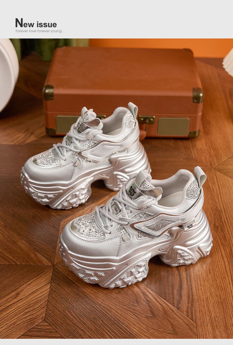 Papa à semelles épaisses pour femmes, nouvel article d'automne 2024, chaussures pour femmes rehaussantes à l'intérieur en strass argenté, polyvalentes_voghion.com