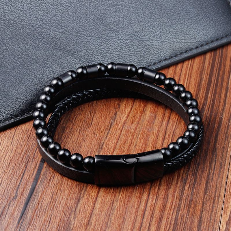 Herrenschmuck Schwarzes Lederseil Rindsleder Herren Doppeltes Edelstahl Echtleder Geflochtenes Armband Handgefertigtes mehrschichtiges Lederarmband_voghion.com
