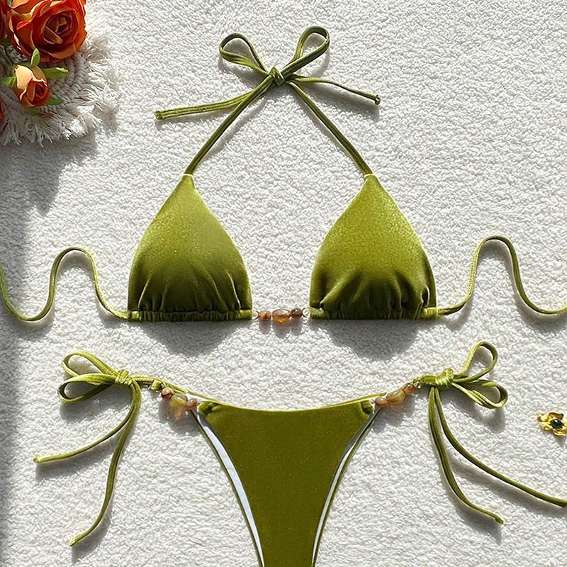 Solid Color Bikini Lace Up Three Point Sexy Beach Hot Spring Swimsuit Bikini_voghion.com