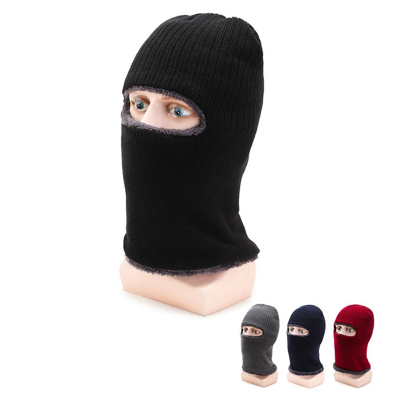 Vinterkuldebestandig varm sort hue, herrestrikket hovedbeklædning, ansigtsmaske med synlige øjne og fløjlståhætte_voghion.com
