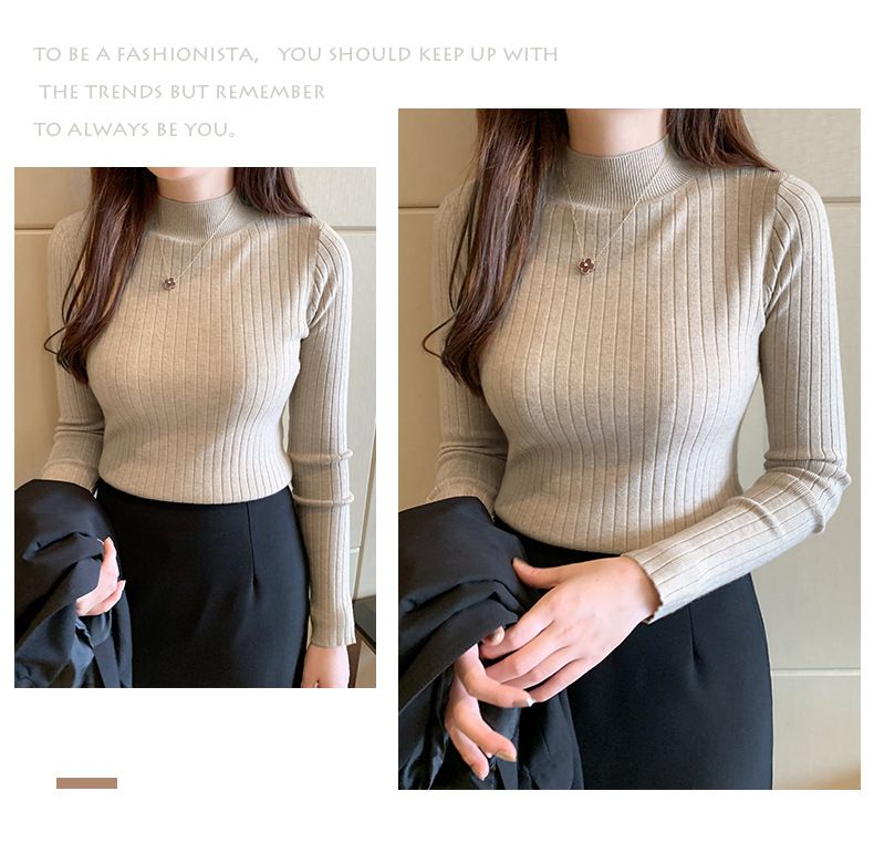 Autumn Winter New Women's Half-Polo Turtle Neck Knit Sweater Solid Color Base Layer Top Inner Outer Wear Stylish Medium Length_voghion.com