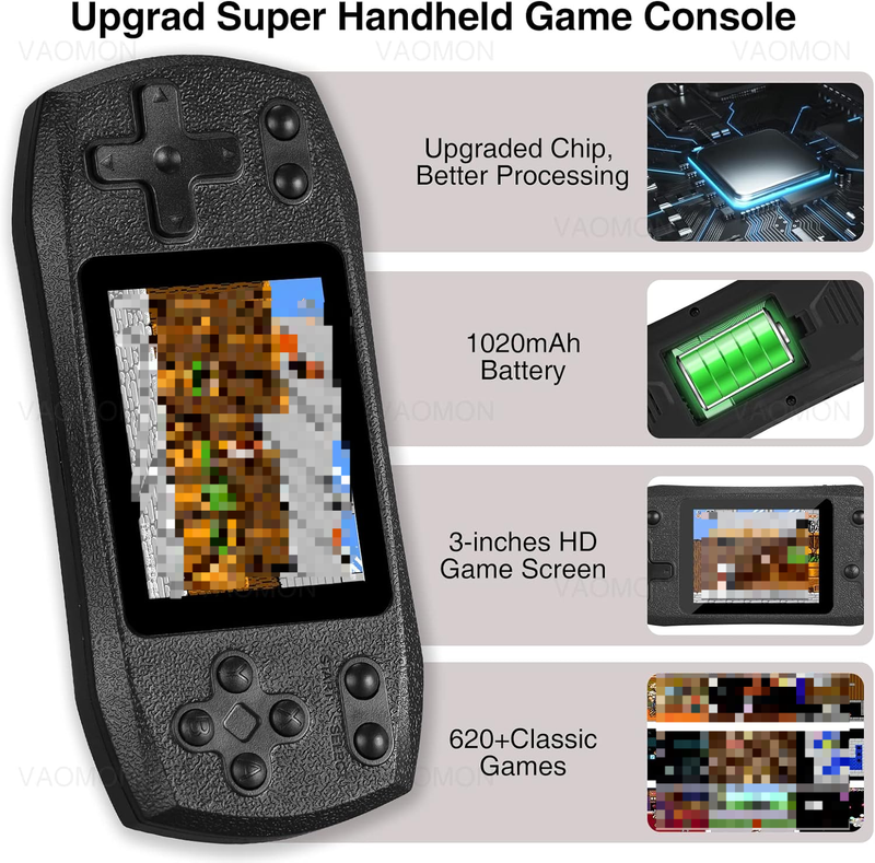 620 Klasik Oyun, Micro USB Şarj Edilebilir, 3 İnç LCD Ekran, Çok Oyunculu ve TV Desteği ile Retro El Tipi Video Oyun Konsolu_voghion.com