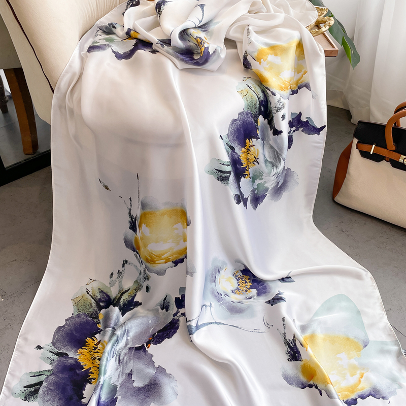 New Flower Long Summer Brocade Overlay Shawl Satin Chiffon Fashion Elegant Scarf_voghion.com