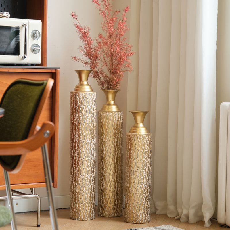 Metal Decorative Vases High Distress Metal Center Vases With Growing Vine Patterns, Set Of 3 Vases For Home Decoration 34 ", 29 ", 25 "H, Gold_voghion.com