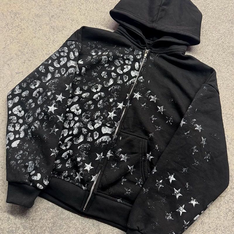 Harajuku Y2K Retro-Sweatshirt- und Hosen-Set mit Sternendruck – lockere Passform im Hip-Hop-Stil (Schwarz/Grau, S-XL)_voghion.com