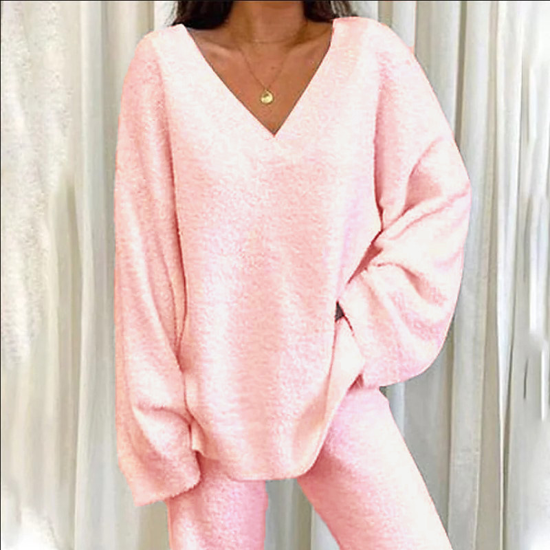 Damenbekleidung für den Winter, bequem, einfarbig, V-Ausschnitt, lässig, für den Alltag, warm, zweiteiliger Anzug_voghion.com