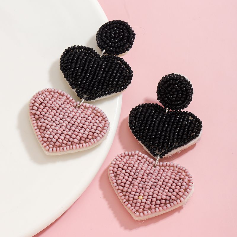 INS style fashion exquisite handmade rice bead peach heart earrings double layer exaggerated love Valentine's Day earrings_voghion.com
