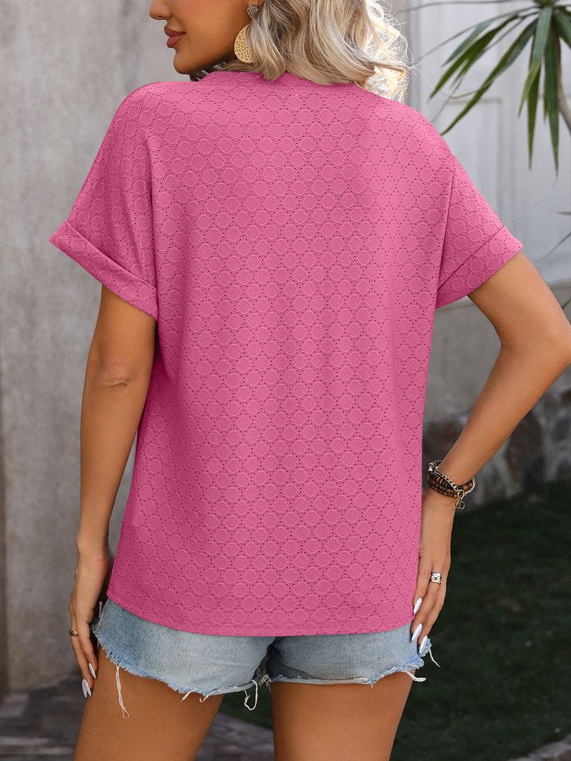 2024 Spring And Summer New V-Neck Button Solid Color Dot Loose Short-Sleeve T-Shirt For Women_voghion.com