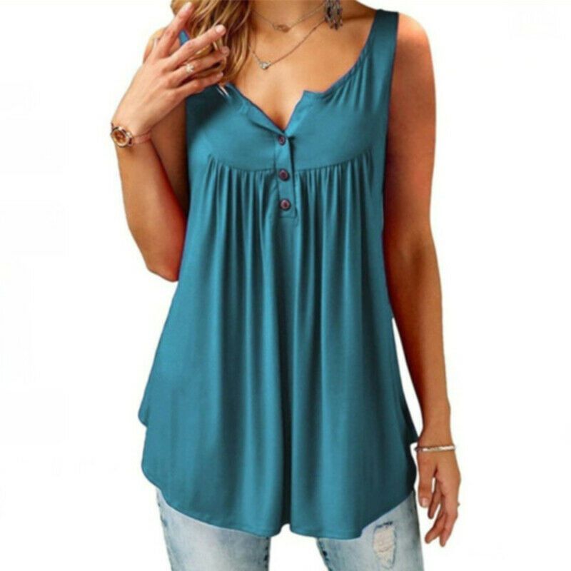Women Ruffle Elegant O Neck Swing Tunic Blouses In Chic Design Button Sleeveless_voghion.com