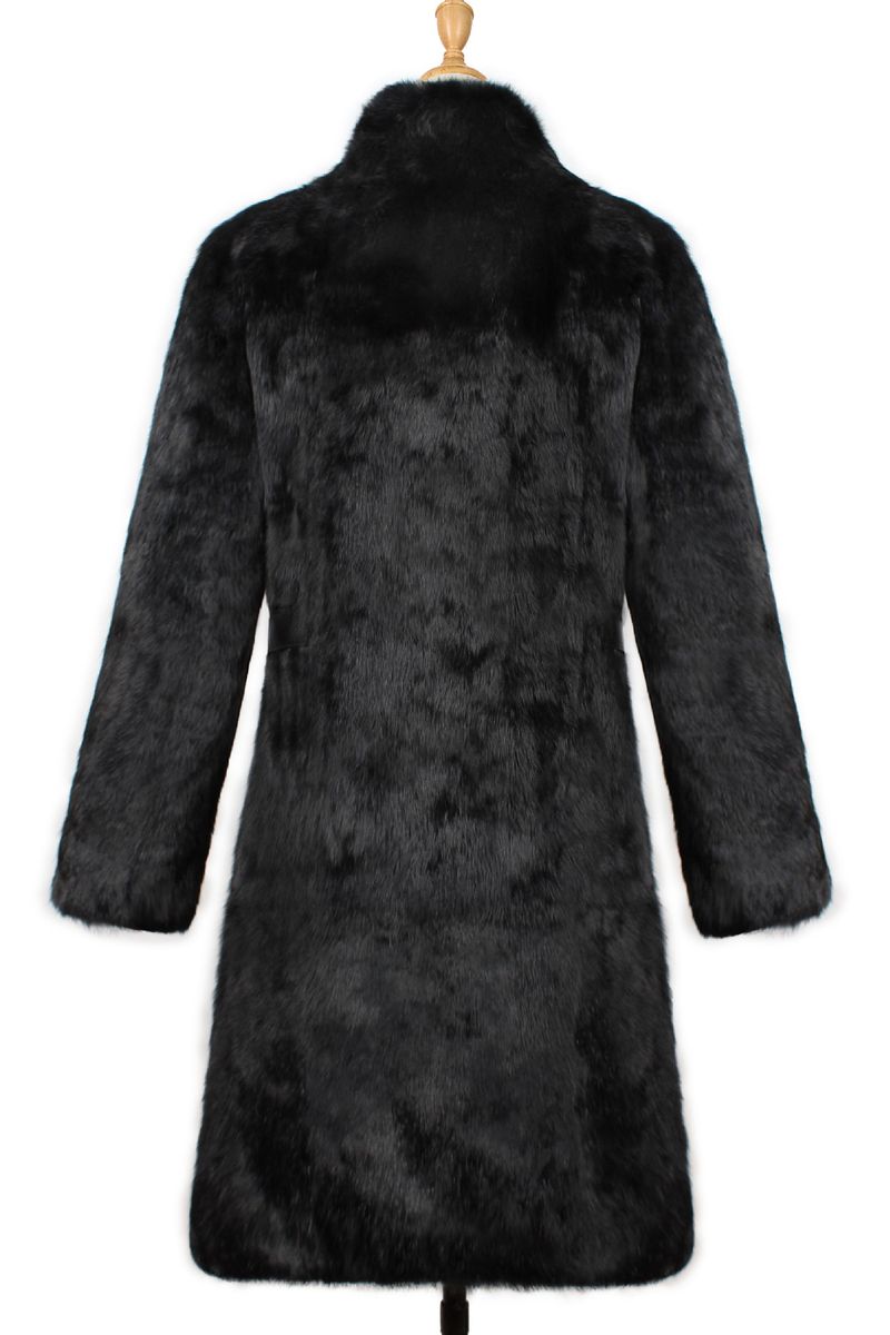 Abrigo largo de lujo de piel sintética de conejo para mujer, con cinturón ajustable, abrigo de invierno negro._voghion.com