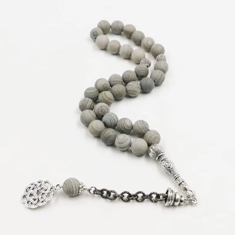 Müslüman Dua Tespihi Yeni Ahşap Desenli Taş 10mm Doğal Taş 33 Pirinç Boncuk Bileklik Günlük İbadet TASBIH_voghion.com