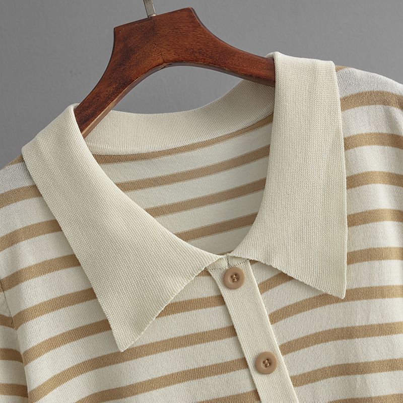 Maglietta estiva da donna nuova, a righe, a maniche corte, con colletto polo, MM_voghion.com