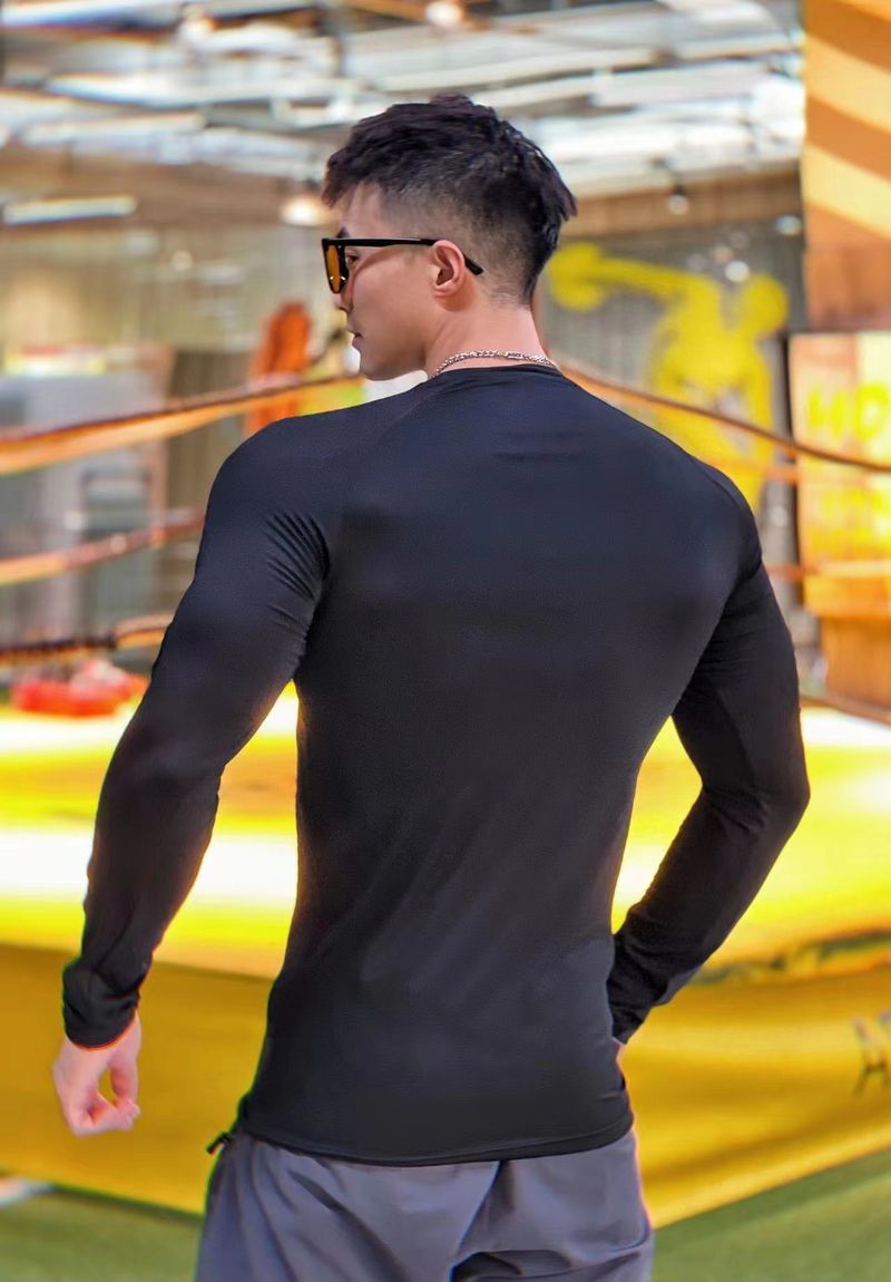 2025 Herfst Fitness Pak Heren Effen Kleur Lange Mouw Strak Elastisch Snel Drogend Sport Top Ademend T-shirt Basis_voghion.com