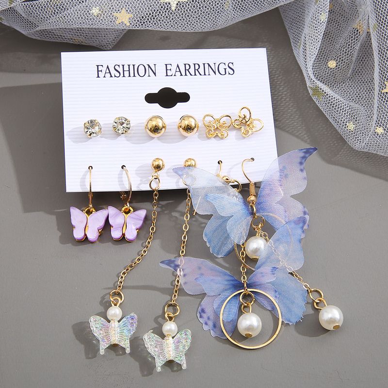 Boucles d'oreilles papillon pour femmes, commerce extérieur, asymétrique, perle acrylique, pendentif papillon, ensemble de boucles d'oreilles combinaison ins, nouvelle collection_voghion.com