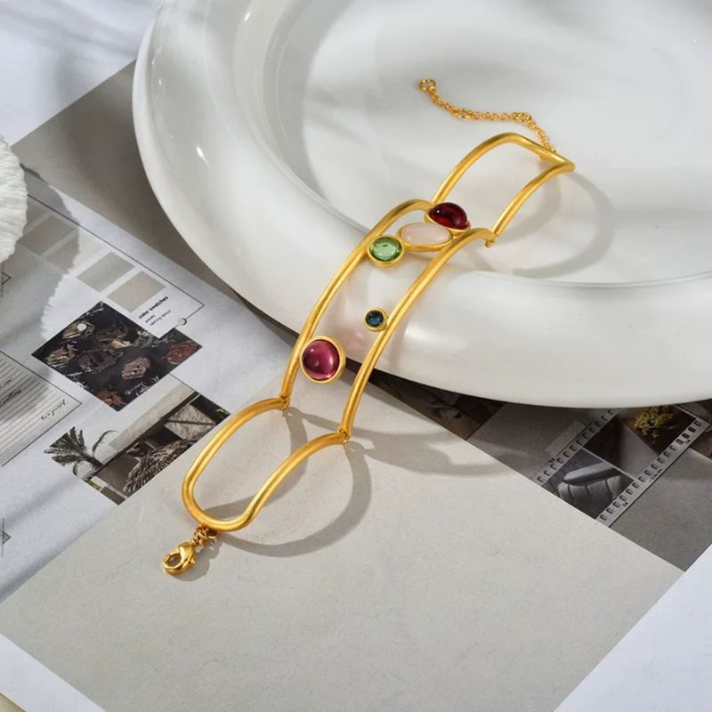 Gioielli da donna - Bracciale rigido con pietre preziose in vetro colorato a doppio strato ispirato a Barcellona, stile bohémien vintage, base in rame con placcatura elettrolitica_voghion.com