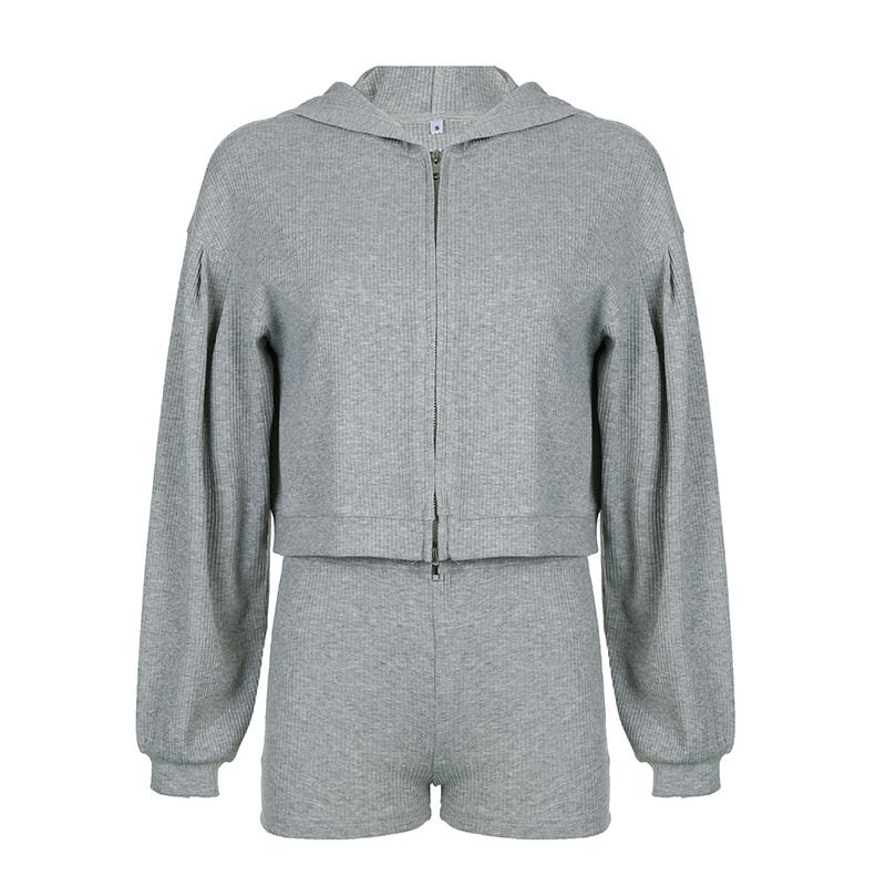 Basic Solid Color Hooded Loose Zipper Jacket Tank Top + Shorts Casual Three-Piece Set_voghion.com