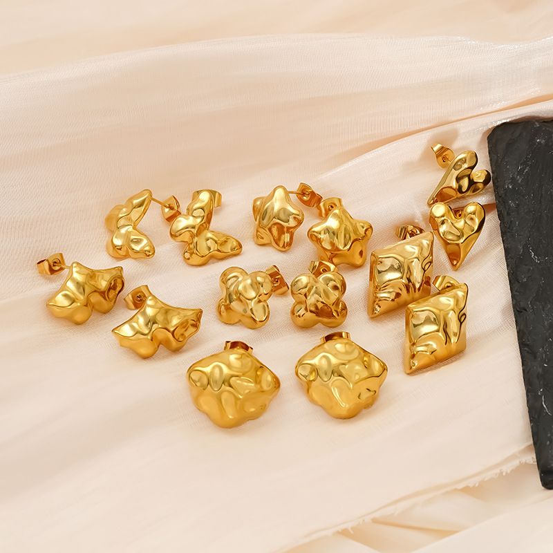 Earrings Unisex Jewelry Fashion Exaggerated Gold Stainless Steel Concave And Convex Hammer Pattern Prismatic Symmetrical Earrings_voghion.com